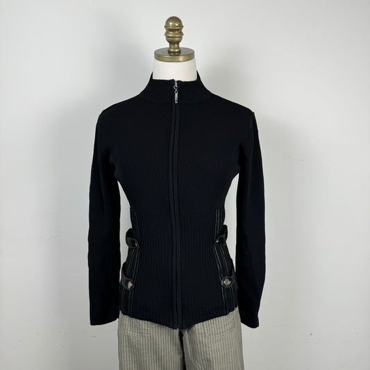 Black Fitted Zip Up Sweater Buckle Detail