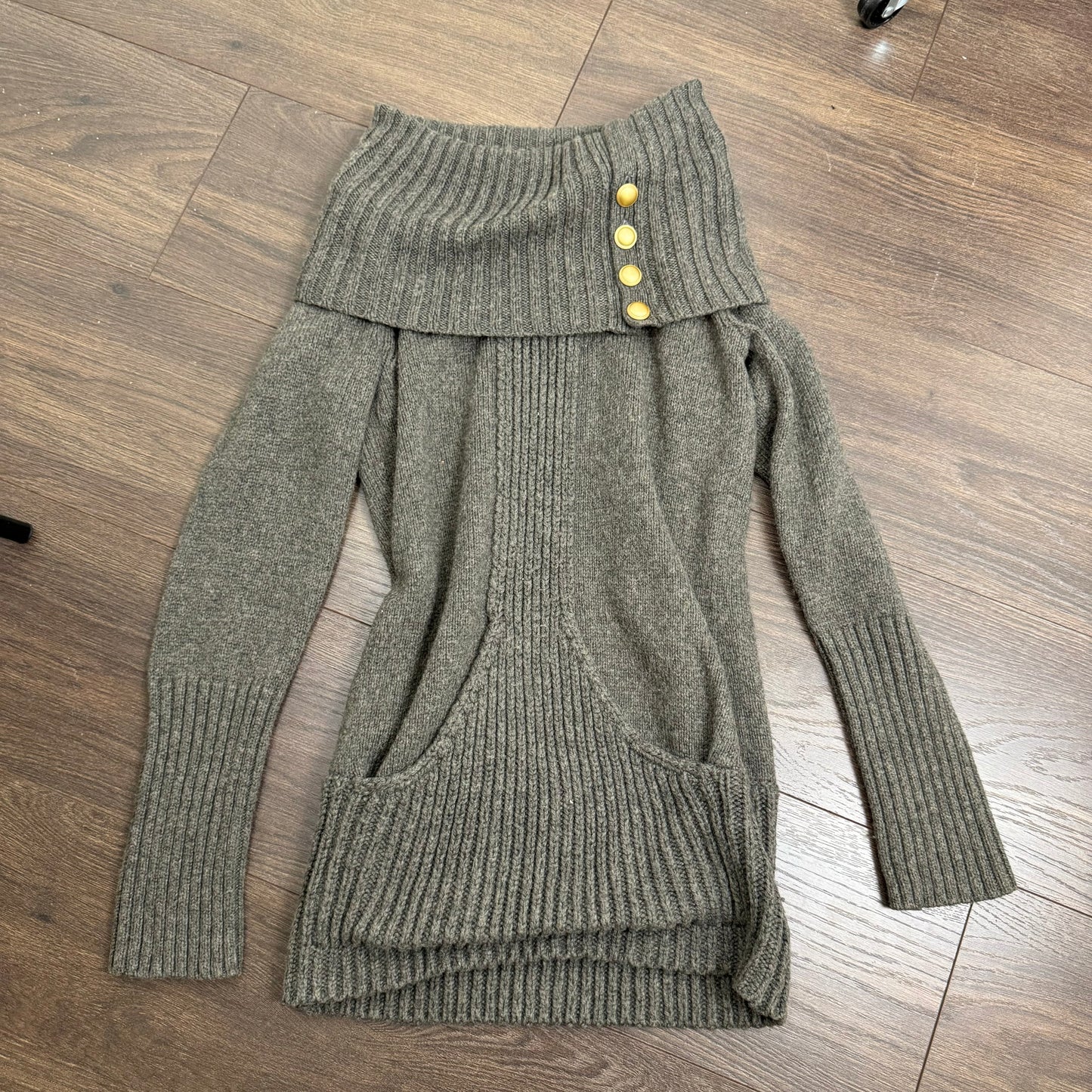 Grey Off Shoulder Gold Button Sweater