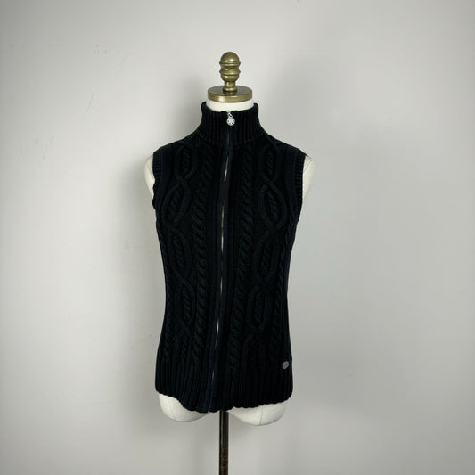 Vintage Black Cable Knit Zip Up Vest