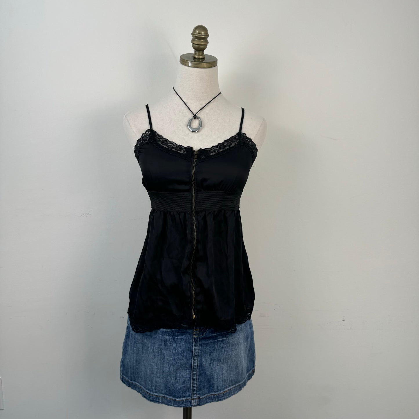 Black Satin Lace Babydoll Top