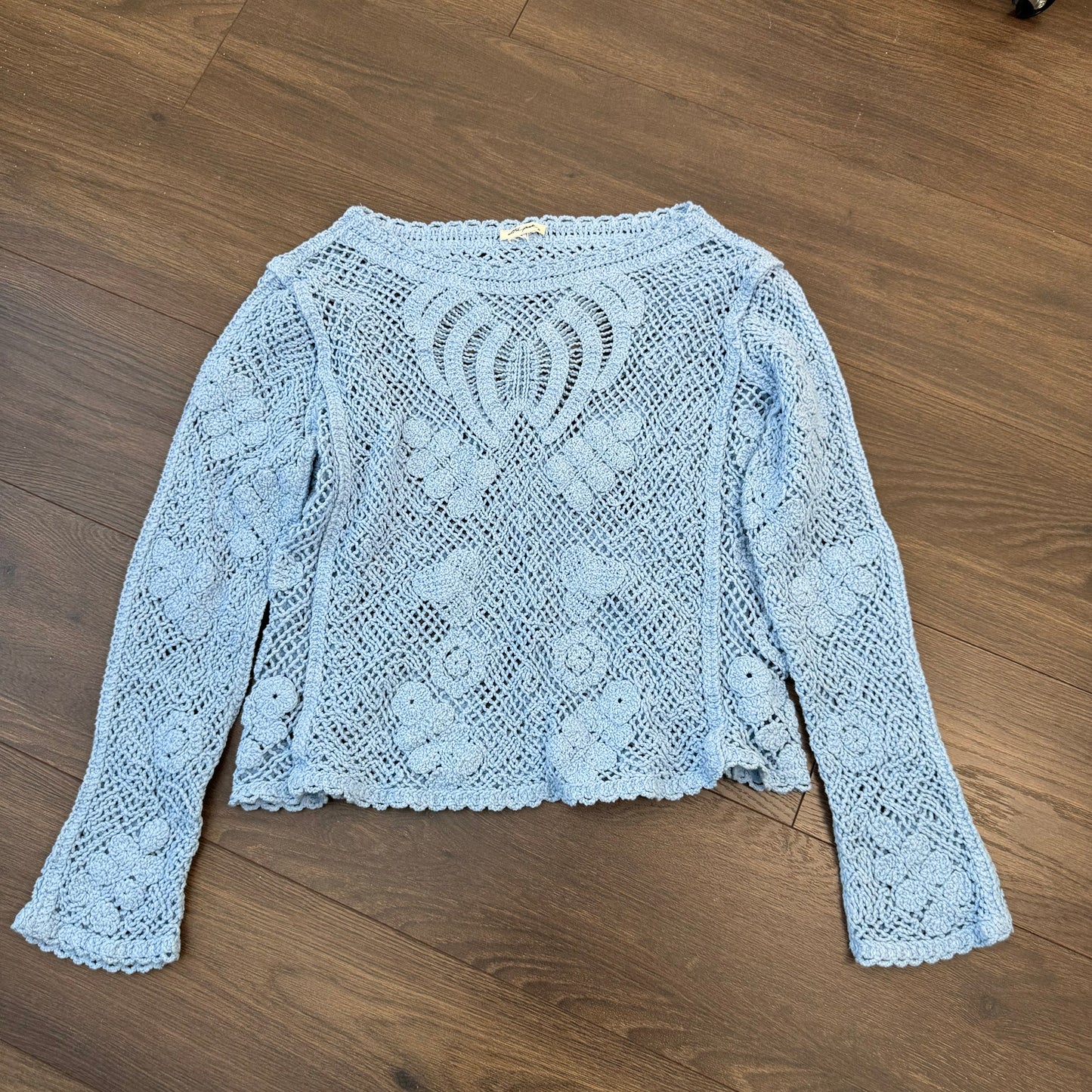 Blue Crochet Boat Neck Sweater