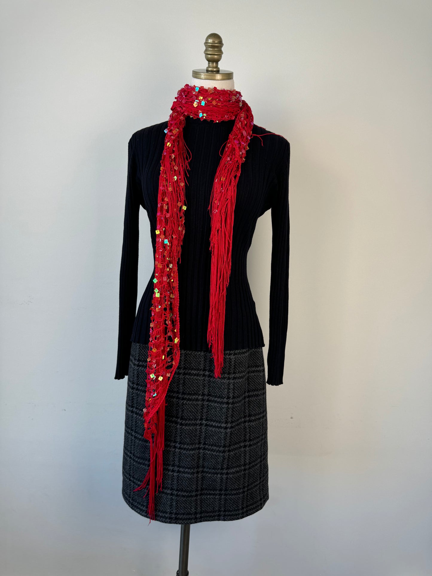 Red Knit Skinny Scarf