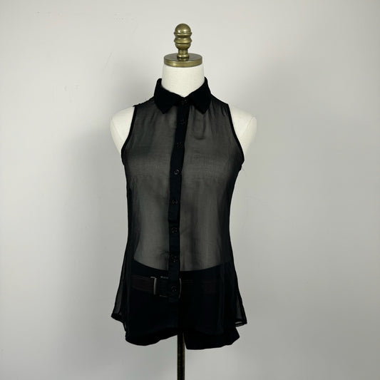 Black Sheer High Neck Sleeveless Button Up Shirt