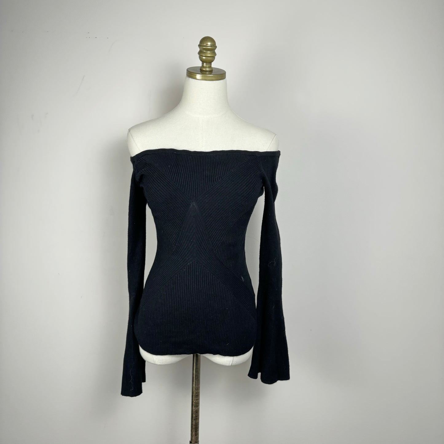 Guess Black Fitted Off Shoulder Bell Sleeve Sweater