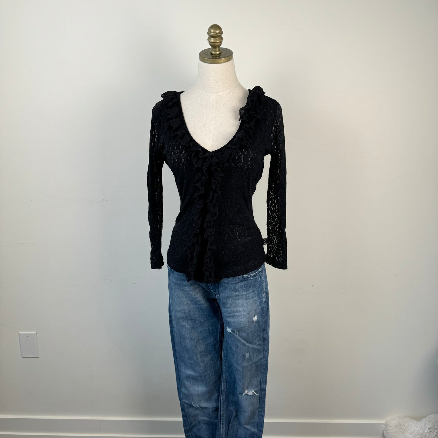 Black Lace Ruffled Fitted Top