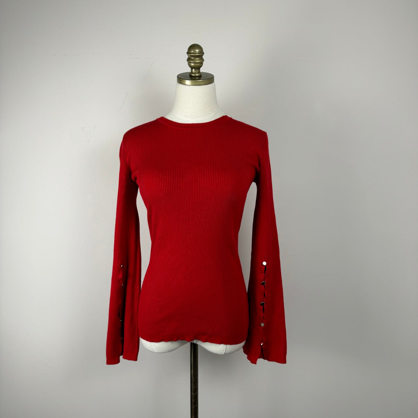 Red Fitted Ribbed Sweater with Bell Sleeves