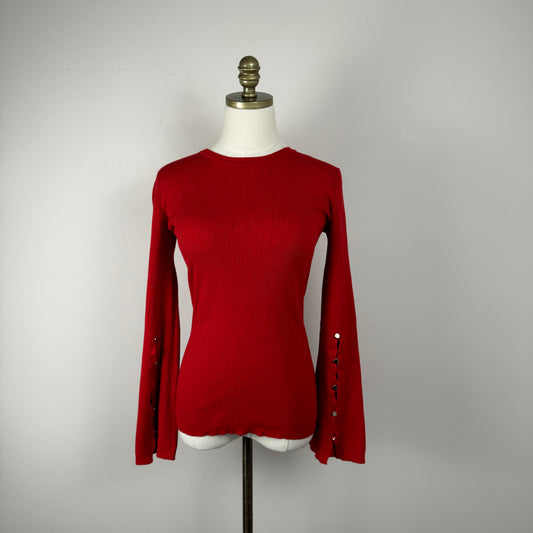 Red Fitted Ribbed Sweater with Bell Sleeves