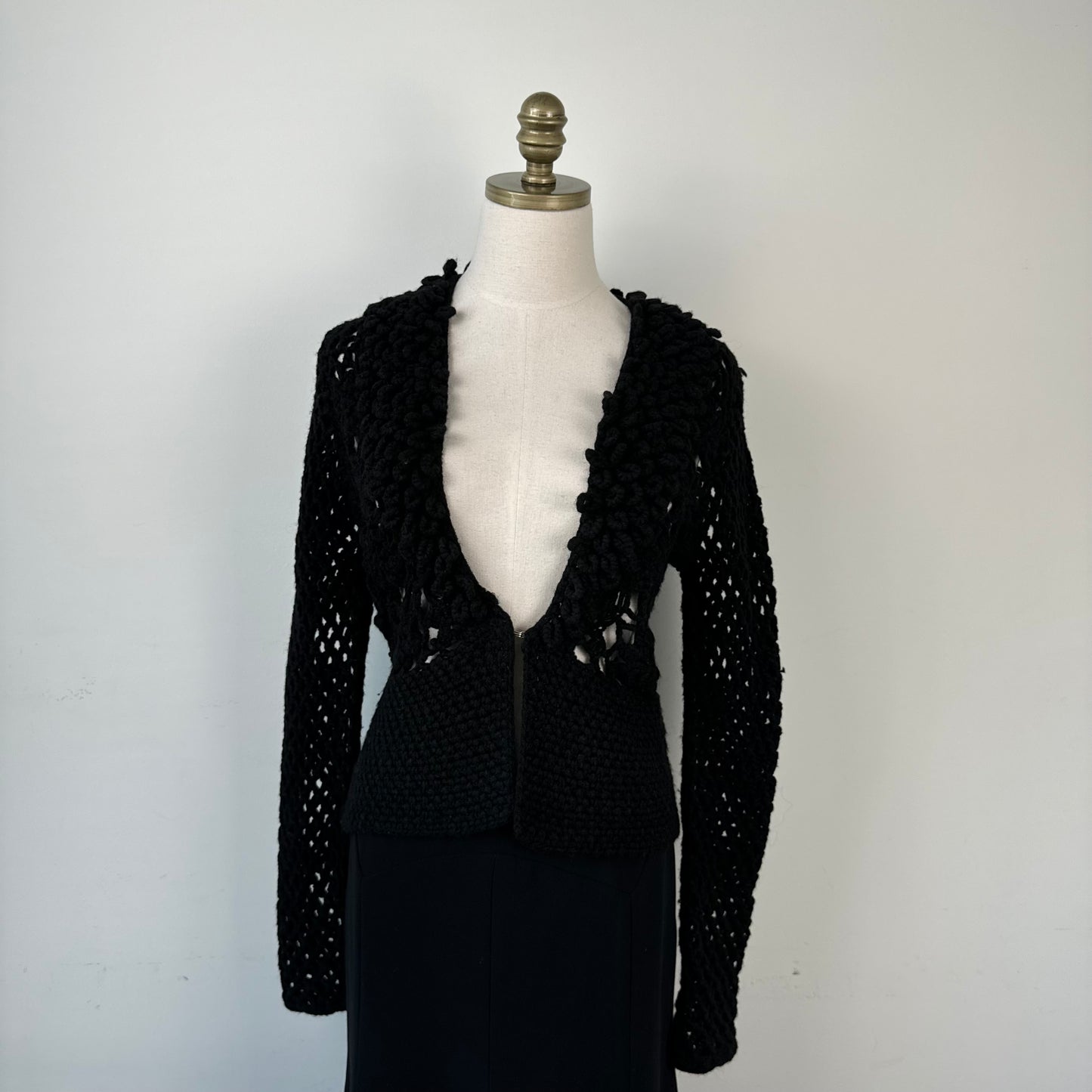 Black Open Front Mesh Crochet Sweater