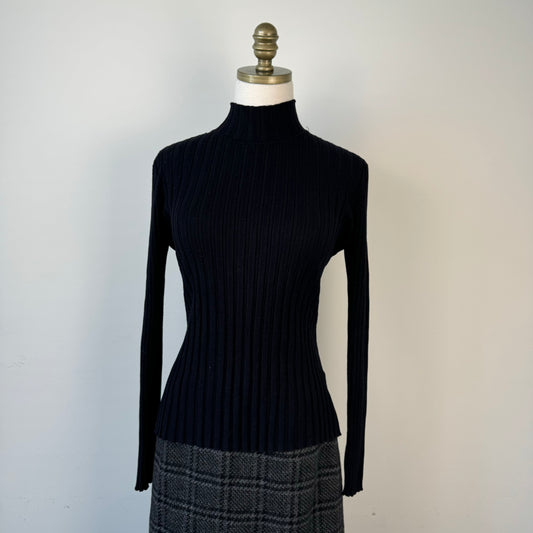 Black Fitted Ribbed Turtleneck Long Sleeve Top