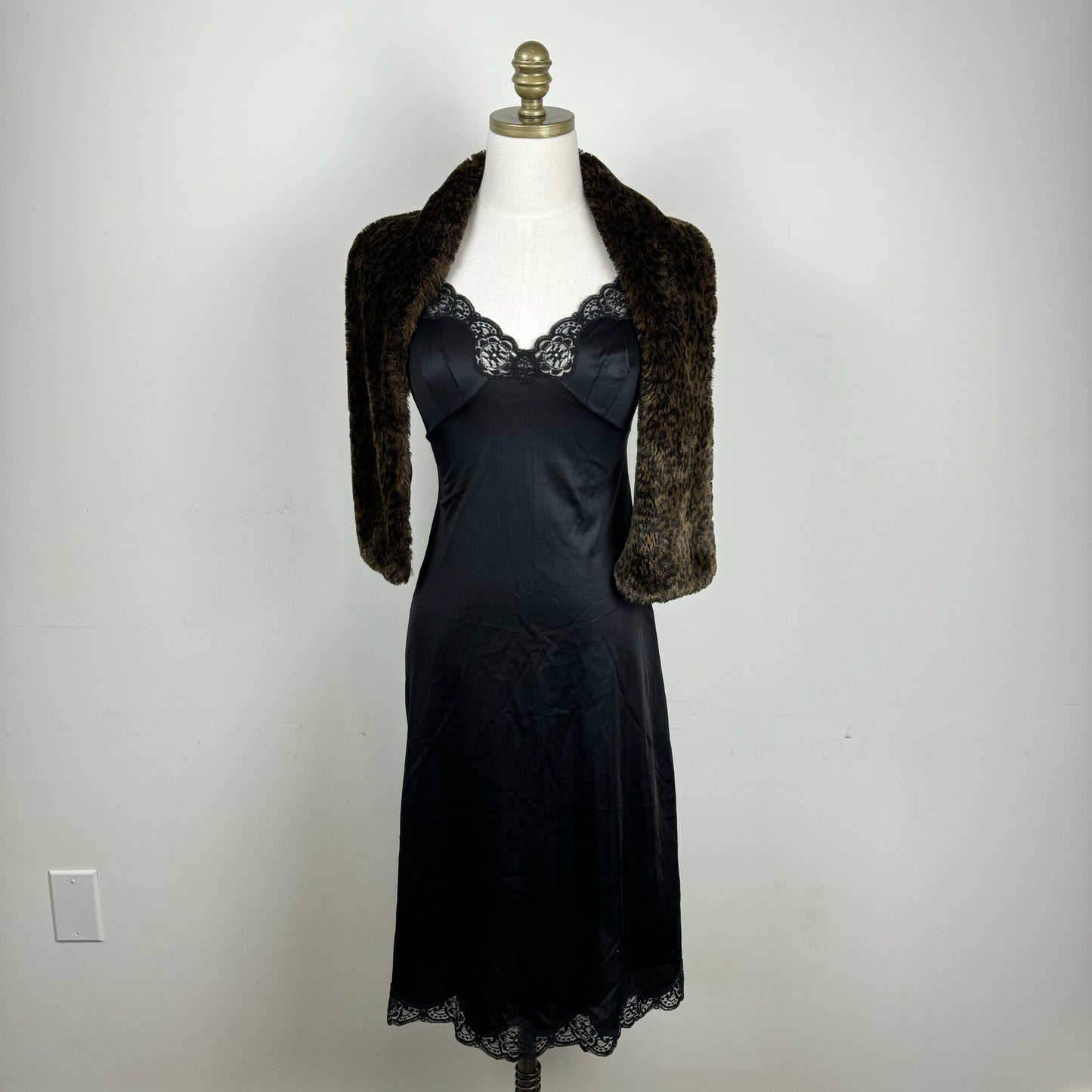 French Maid Vintage Black Nylon Lace Trim Slip Dress