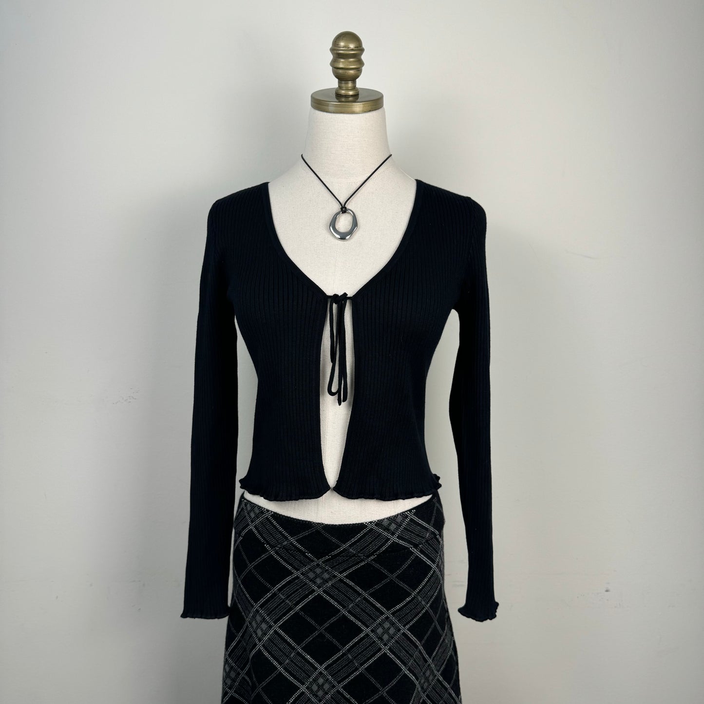 Black Open Front Tie Up Fitted Cardigan