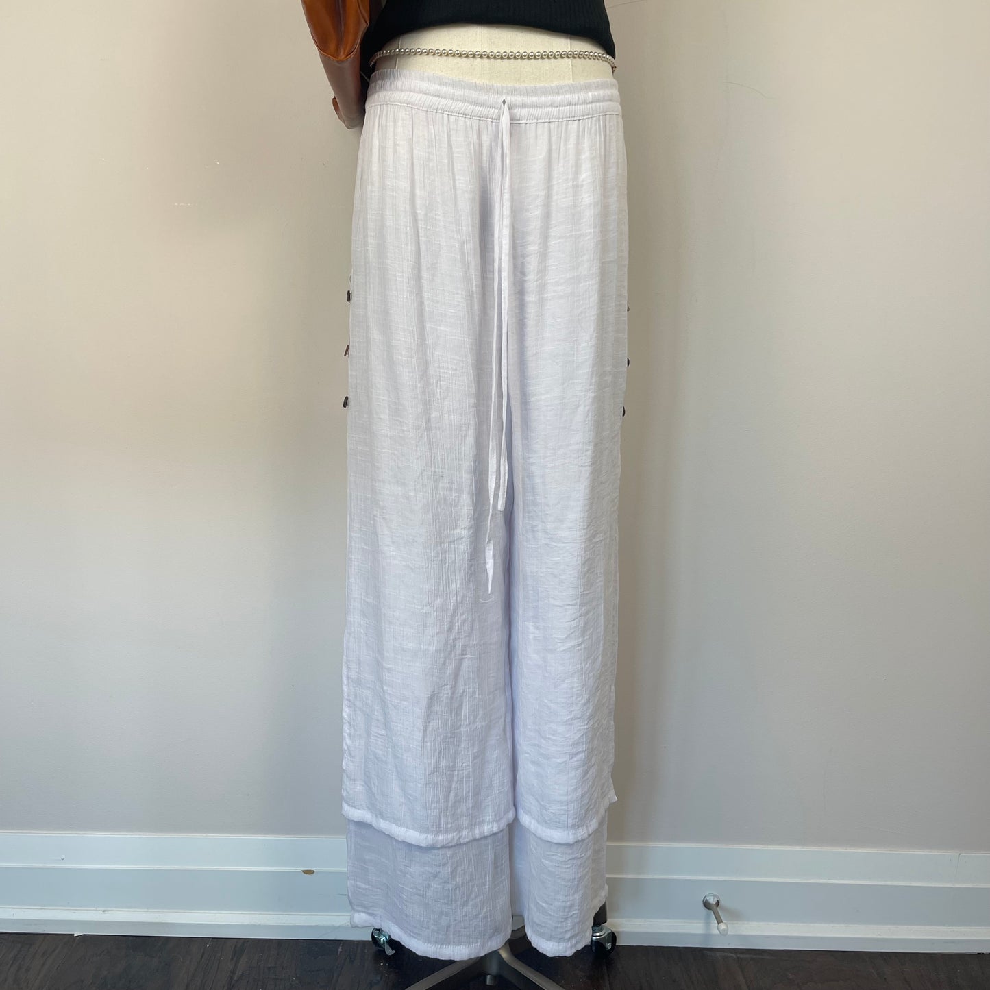 White Flowy Linen Layered Trousers