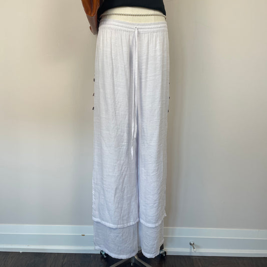 White Flowy Linen Layered Trousers