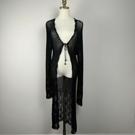 Handmade Open Knit Black Tie Up Long Cardigan