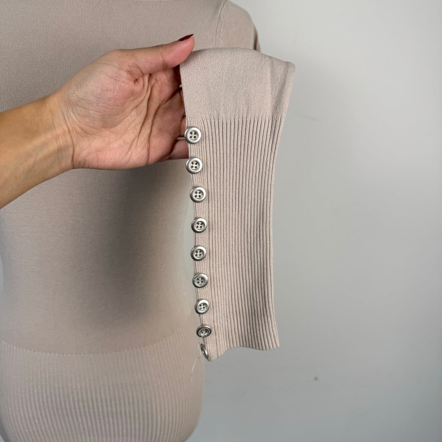 Beige Boat Neck Fitted Long Sleeve Knit Top