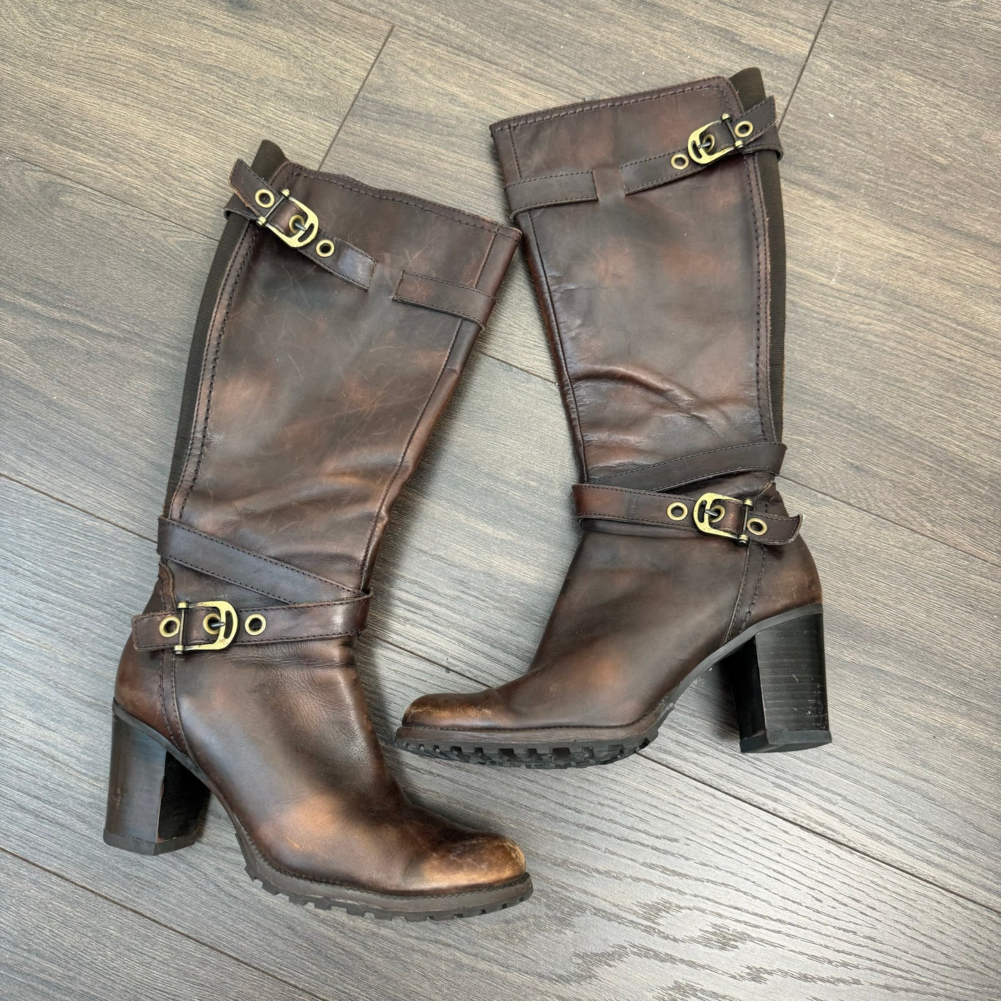 Spring Brown Knee High Buckled Boot Heels (US 6.5-7)