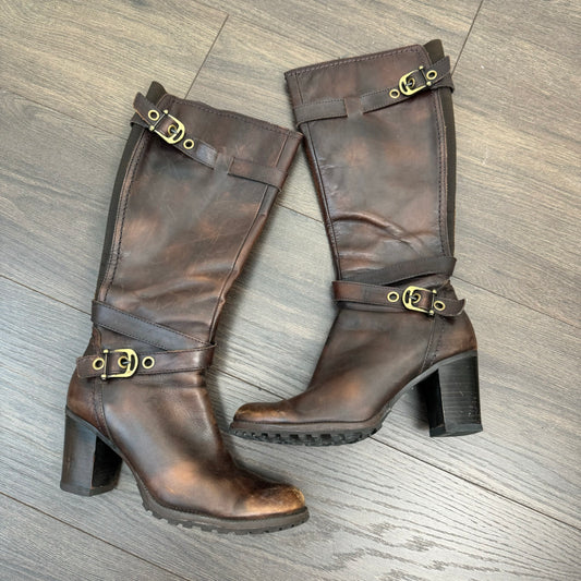Spring Brown Knee High Buckled Boot Heels (US 6.5-7)