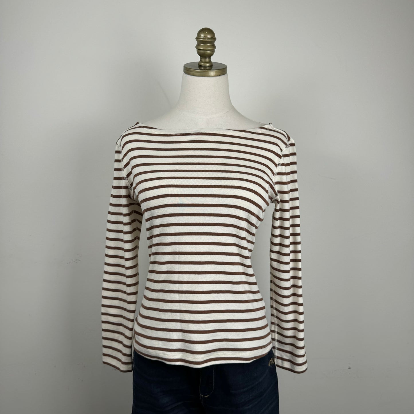 Cream Striped Boat Neck Long Sleeve Top