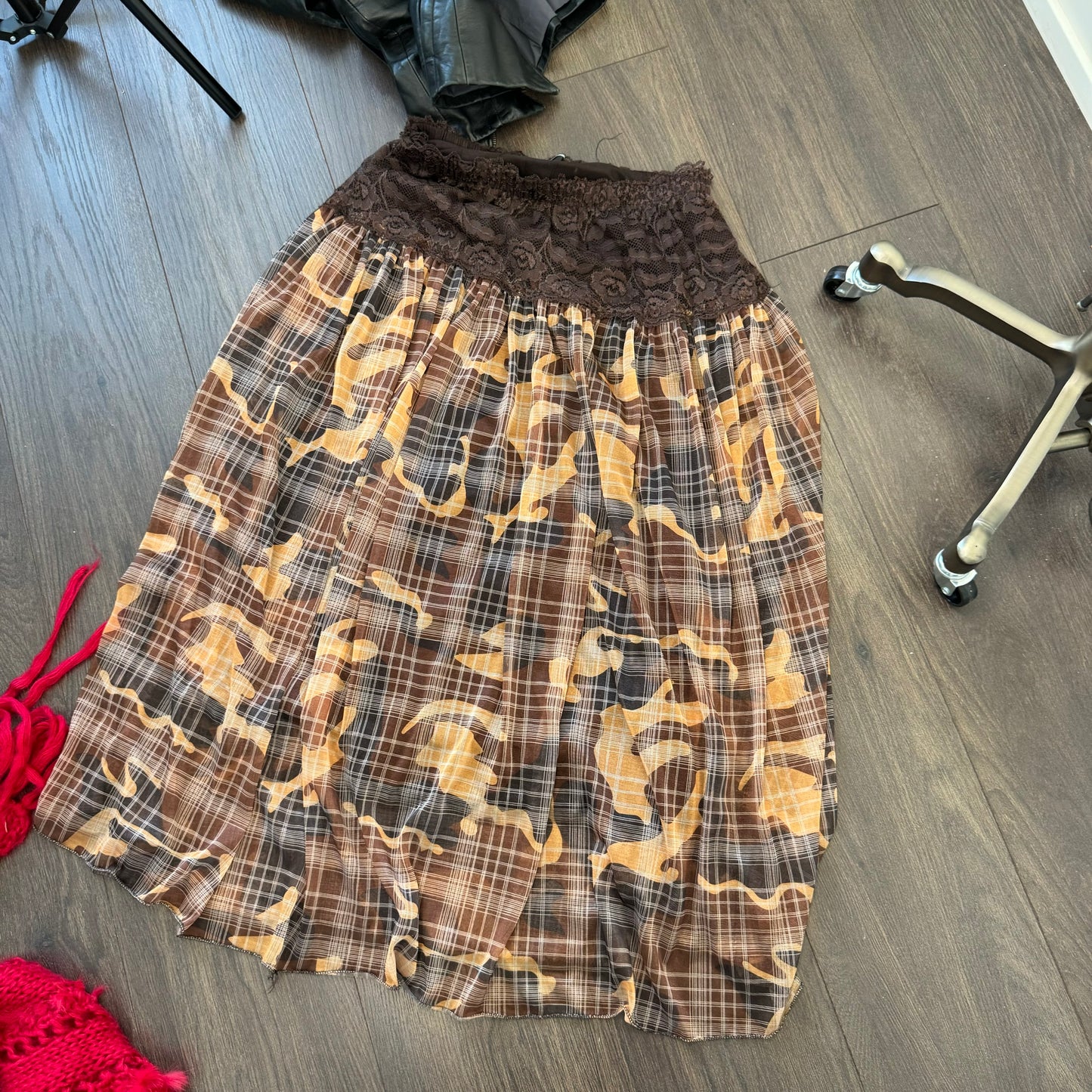 Brown Lace Trim Plaid Chiffon Maxi Skirt