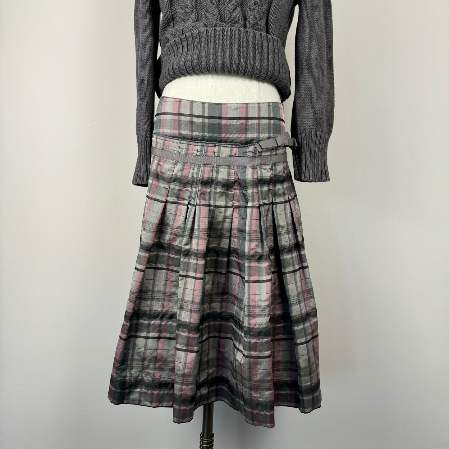 Grey and Pink Coquette Plaid Midi Skirt