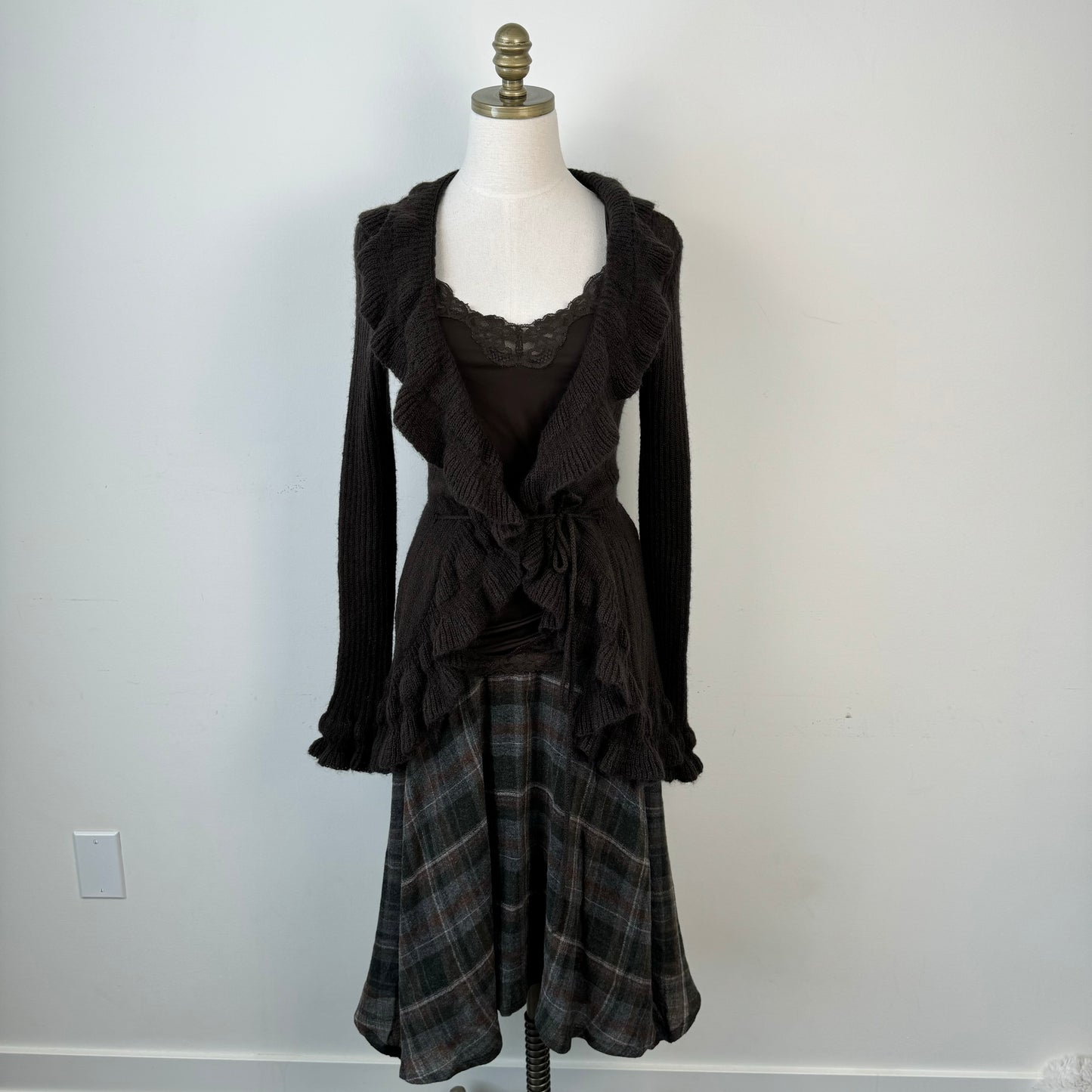 Brown Ruffled Open Front Tie Up Cardigan