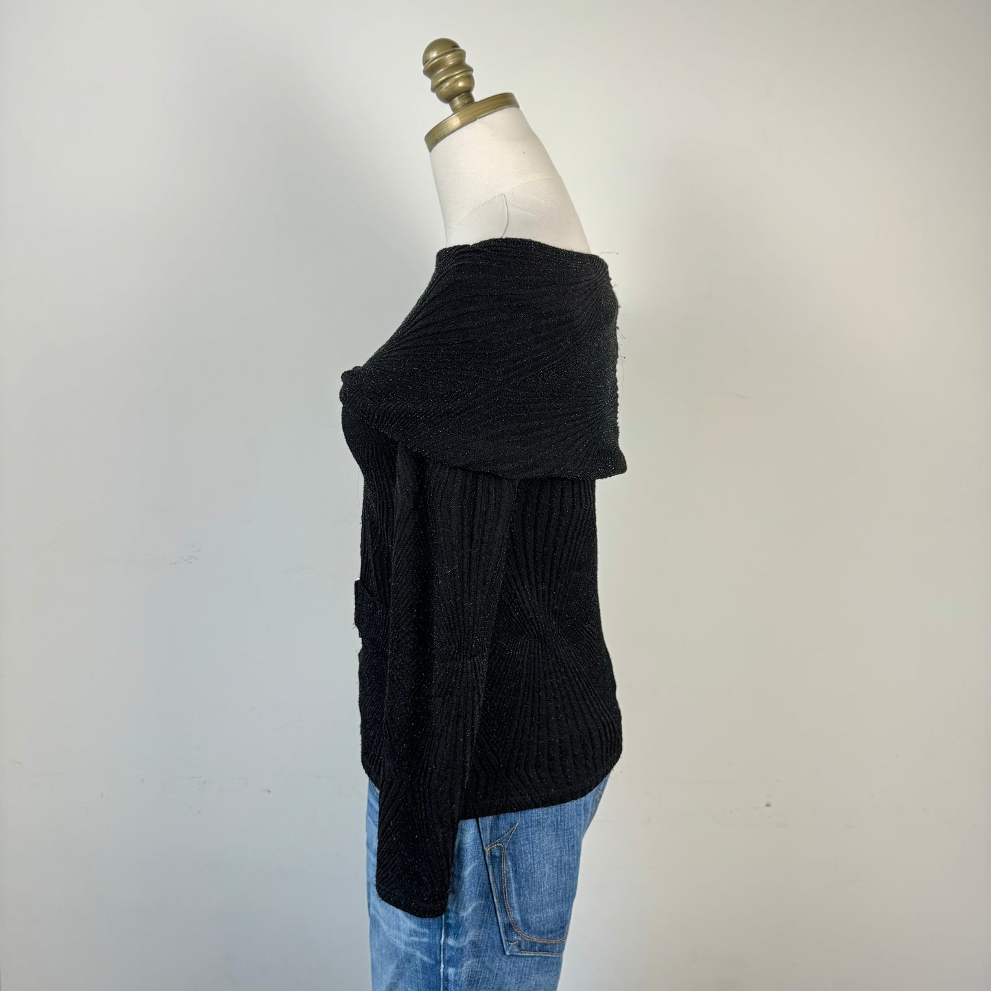 Black Off Shoulder Buckled Sweater