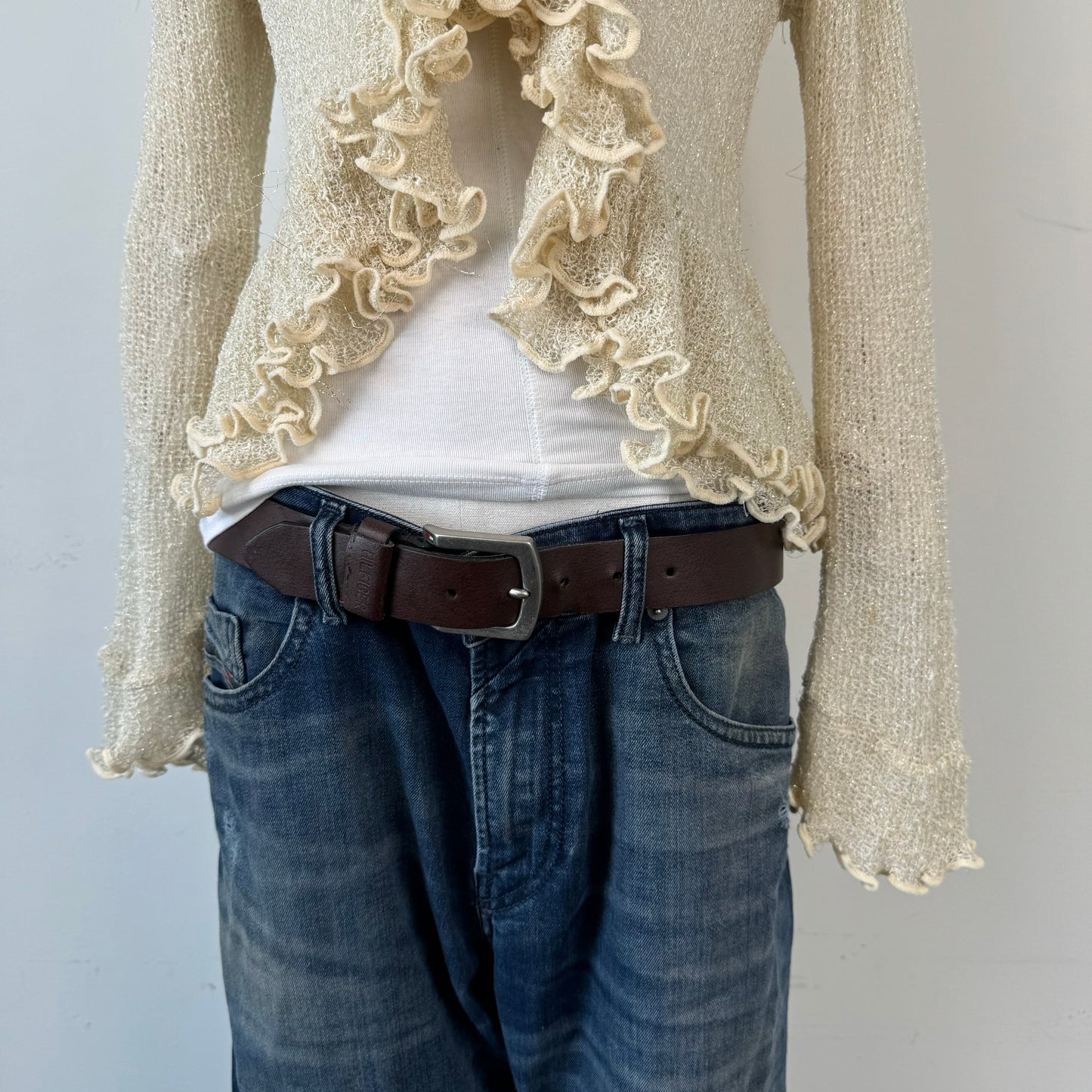 Cream Open Front Tie Up Ruffled Cardigan