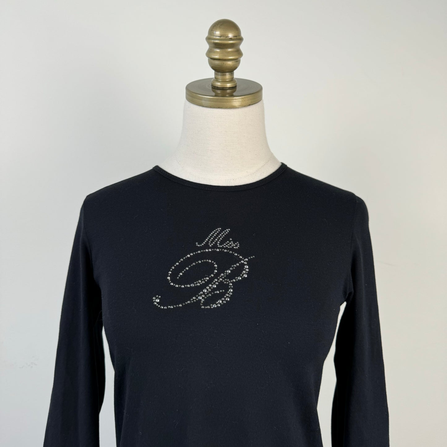 Blumarine Rhinestone Leather and Lace Long Sleeve Top