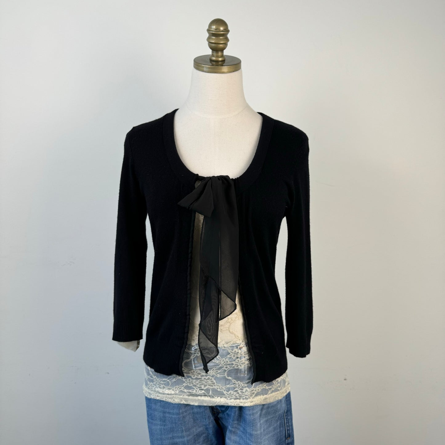 Black Open Front Chiffon Tie Up Sweater
