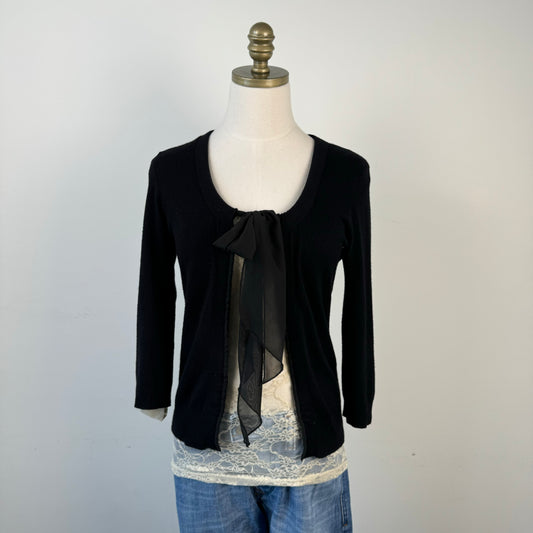 Black Open Front Chiffon Tie Up Sweater