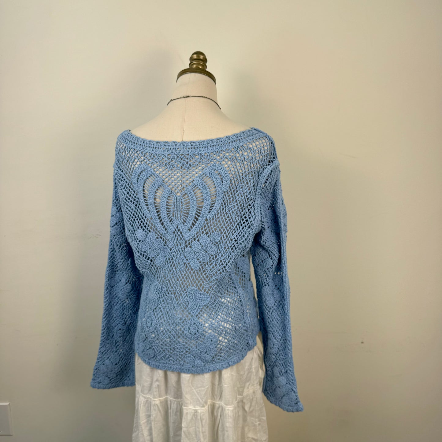 Blue Crochet Boat Neck Sweater