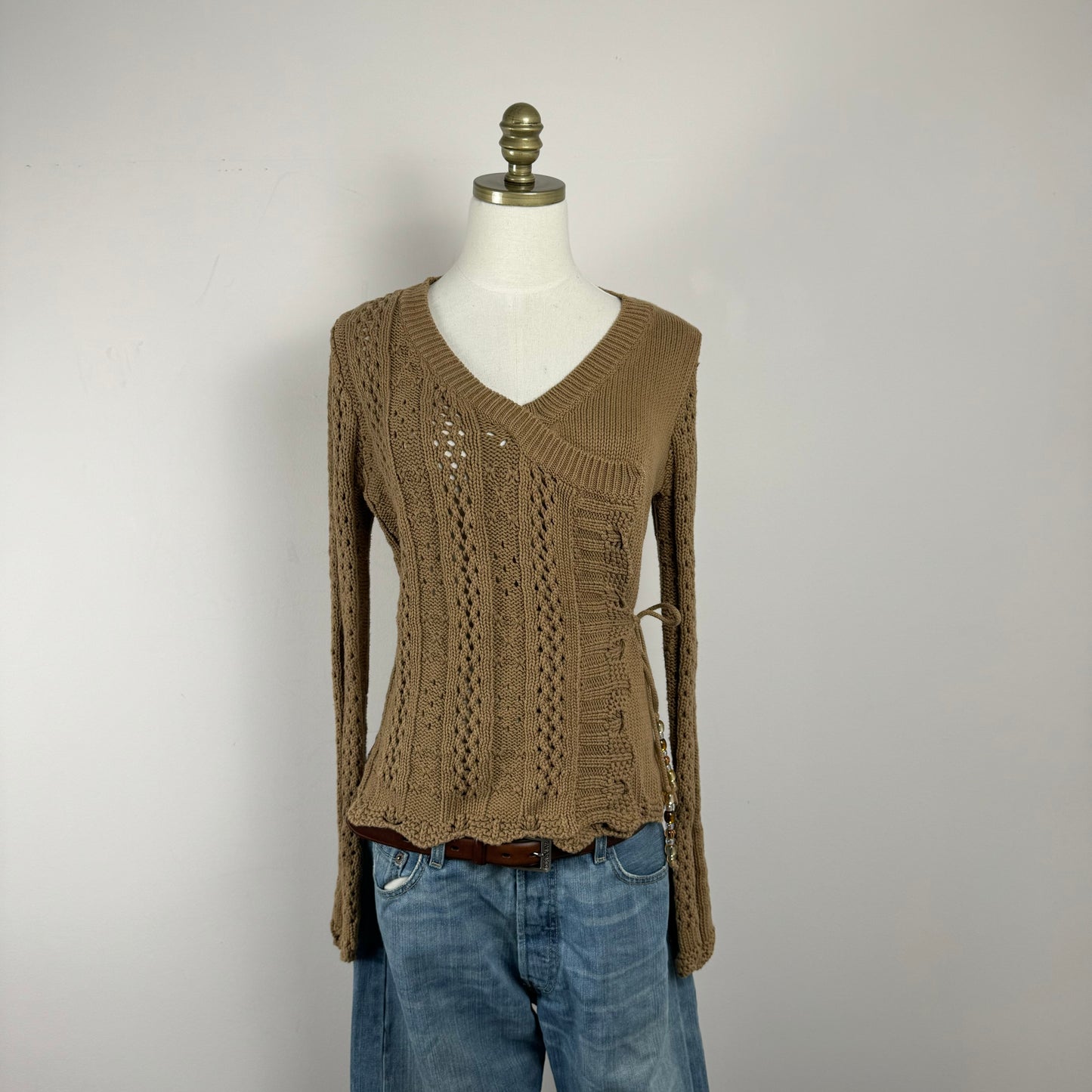 Cable Knit Tie Up Bell Sleeve Cardigan