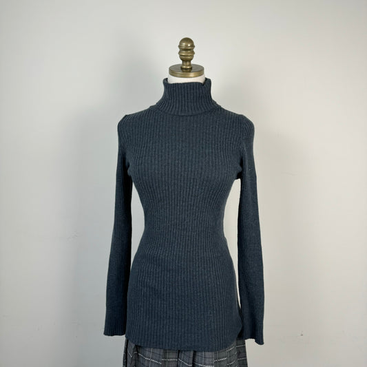 Blue Grey Fitted Turtleneck Knit Sweater