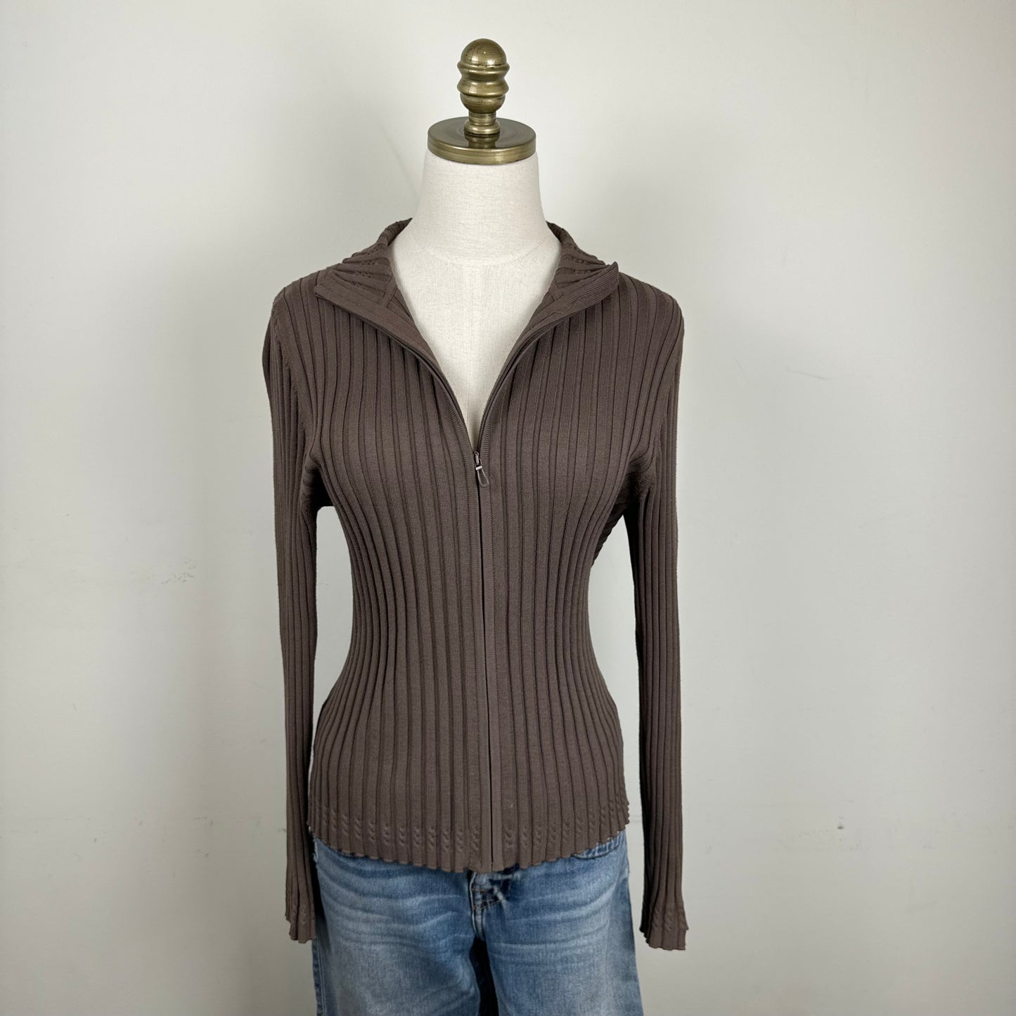 Mocha Brown Fitted Zip Up Sweater