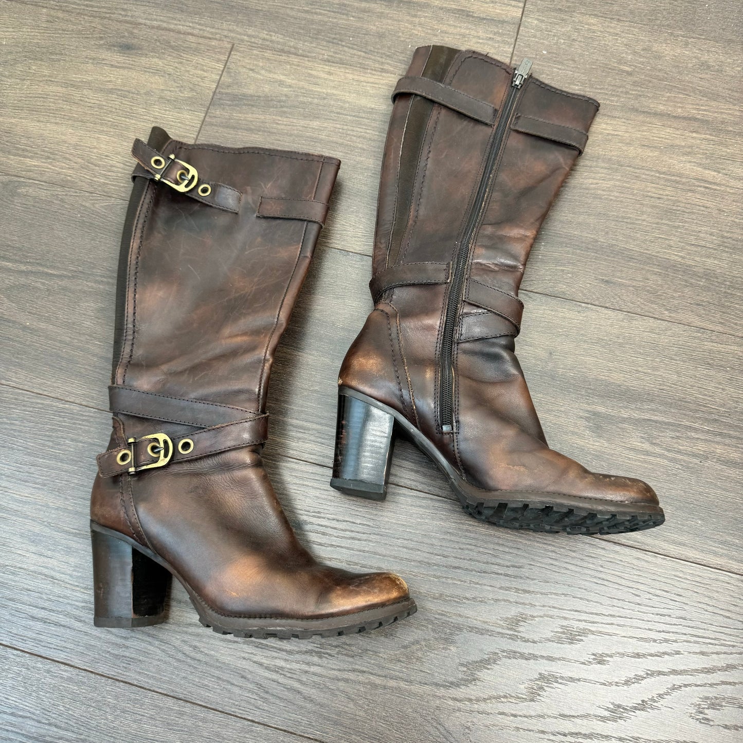 Spring Brown Knee High Buckled Boot Heels (US 6.5-7)