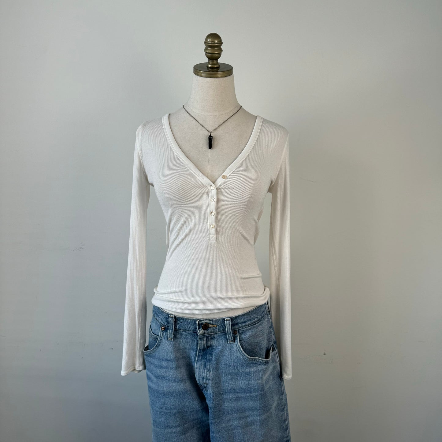 Cream Henley Long Sleeve Top