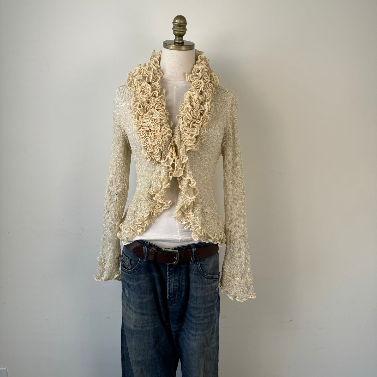 Cream Open Front Tie Up Ruffled Cardigan