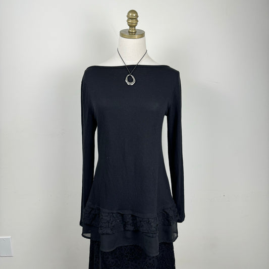 Black Ruffle Lace Hem Long Sleeve Top