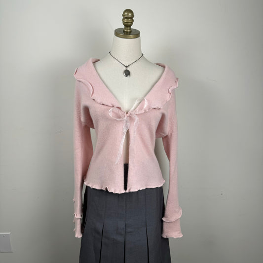 Pink Open Front Tie Up Bell Sleeve Cardigan
