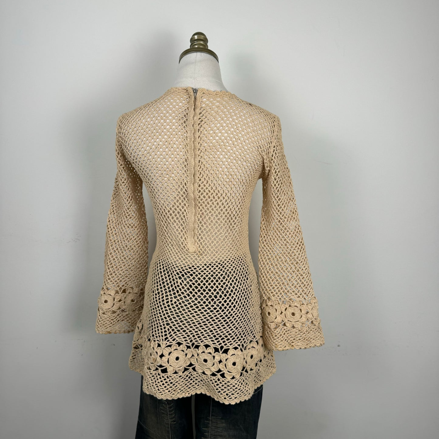 Open Knit Crochet Bell Sleeve Long Top