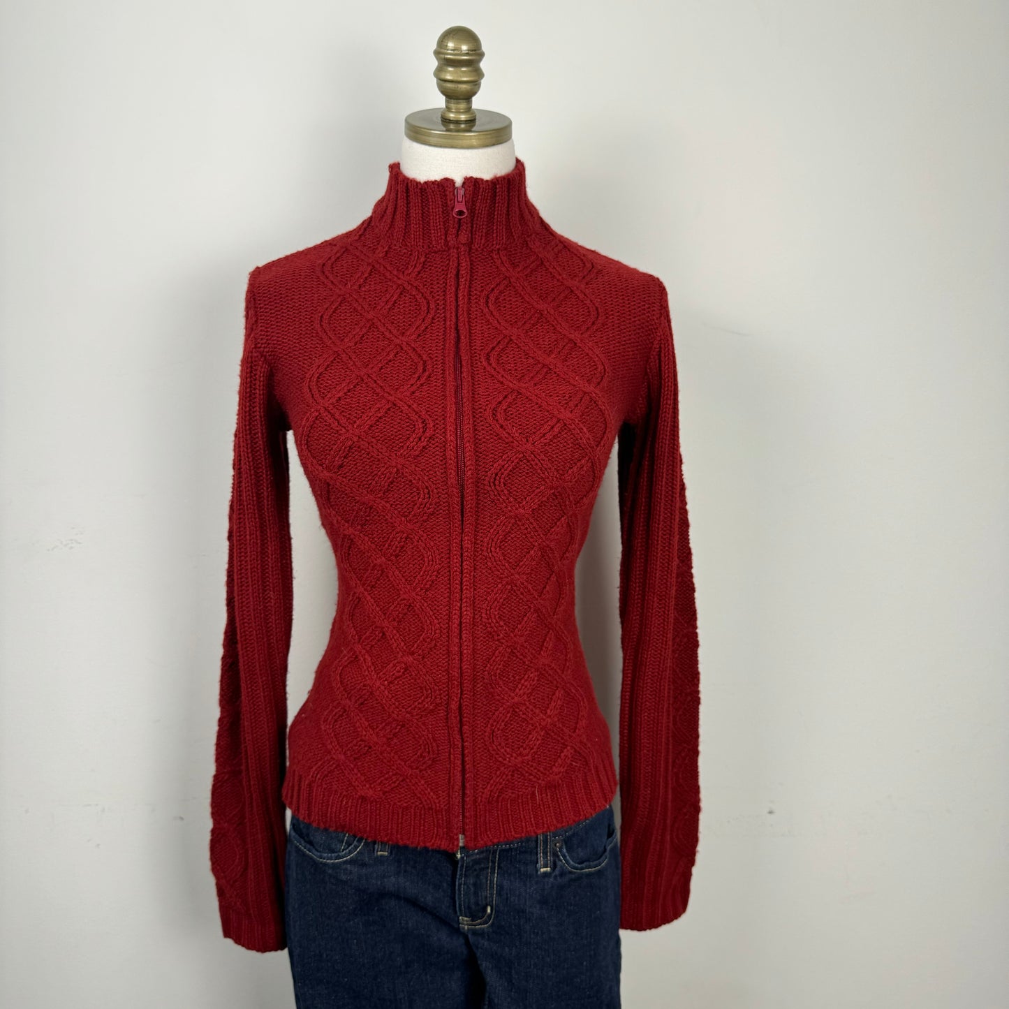 Red Cable Knit Zip Up Sweater