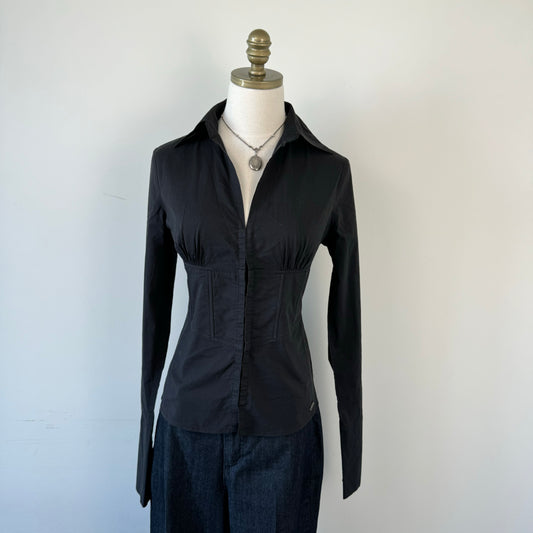 Black Fitted Corset Collared Top