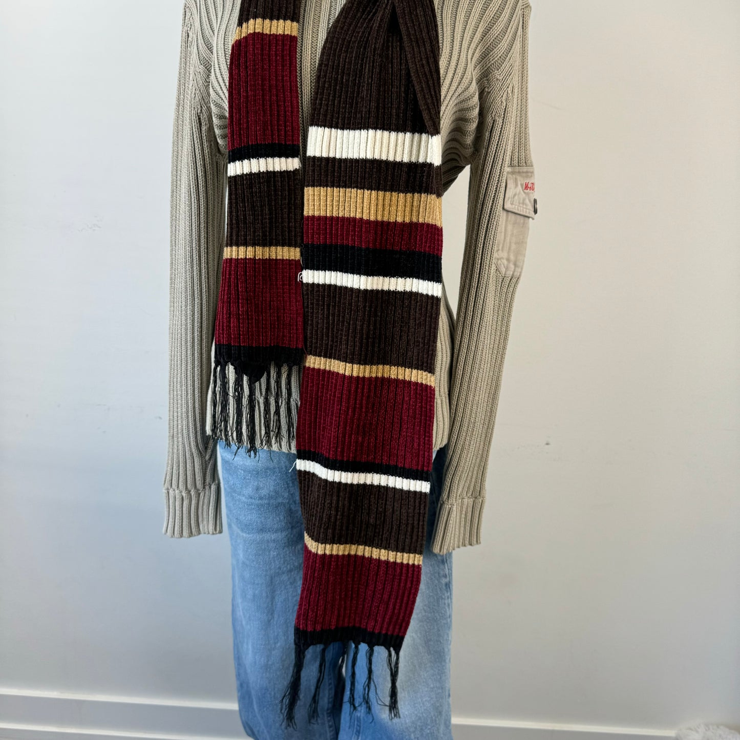 Red, Cream, Brown Striped Knit Scarf