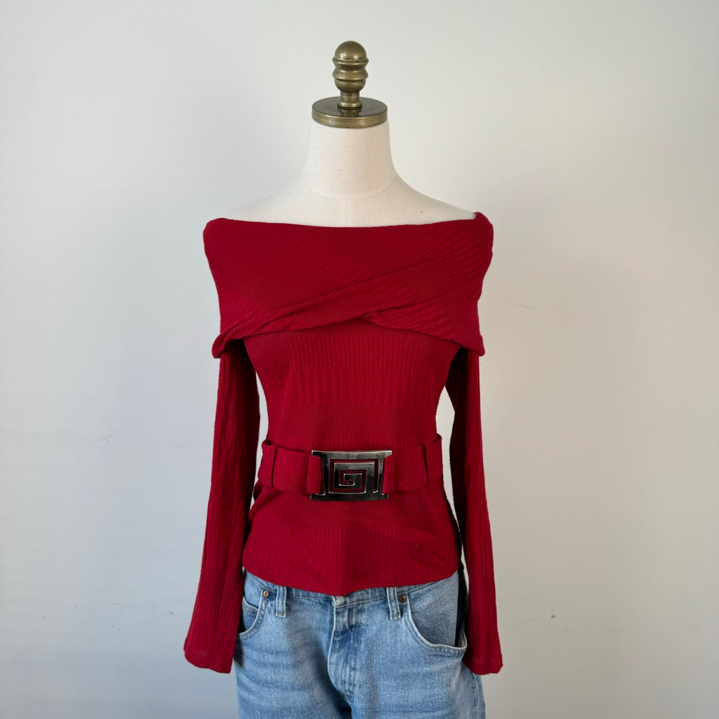 Red Off Shoulder Buckled Sweater