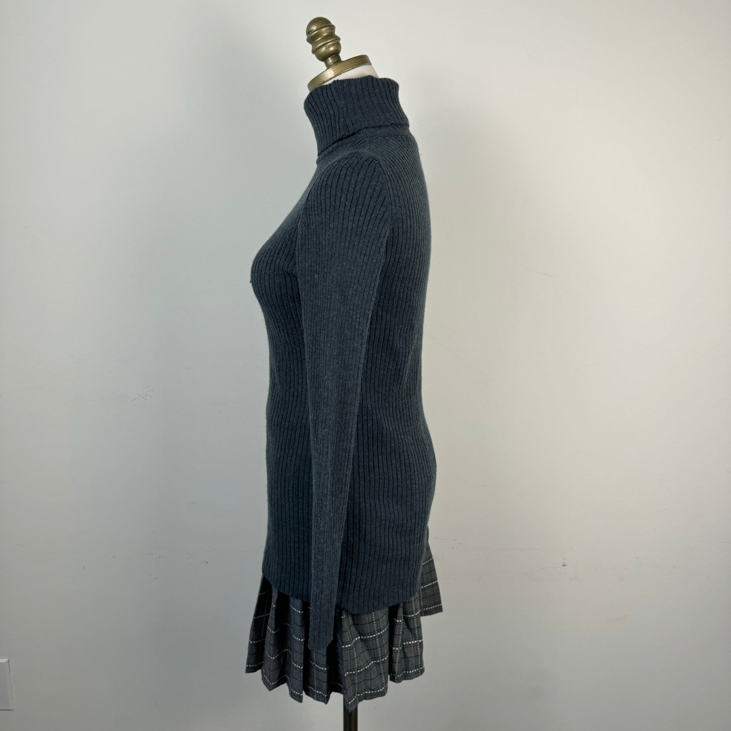 Blue Grey Fitted Turtleneck Knit Sweater