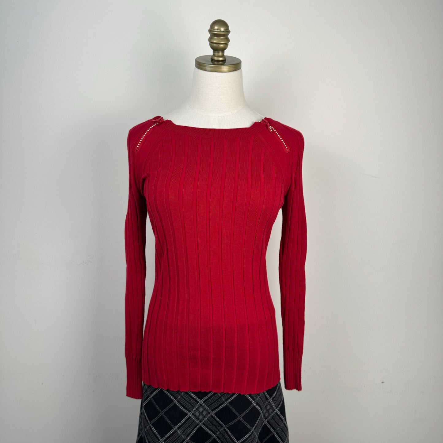 Red Boat Neck Ribbed Fitted Sweater