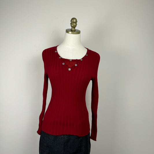 90s Dark Red Ribbed Knit Fitted Top