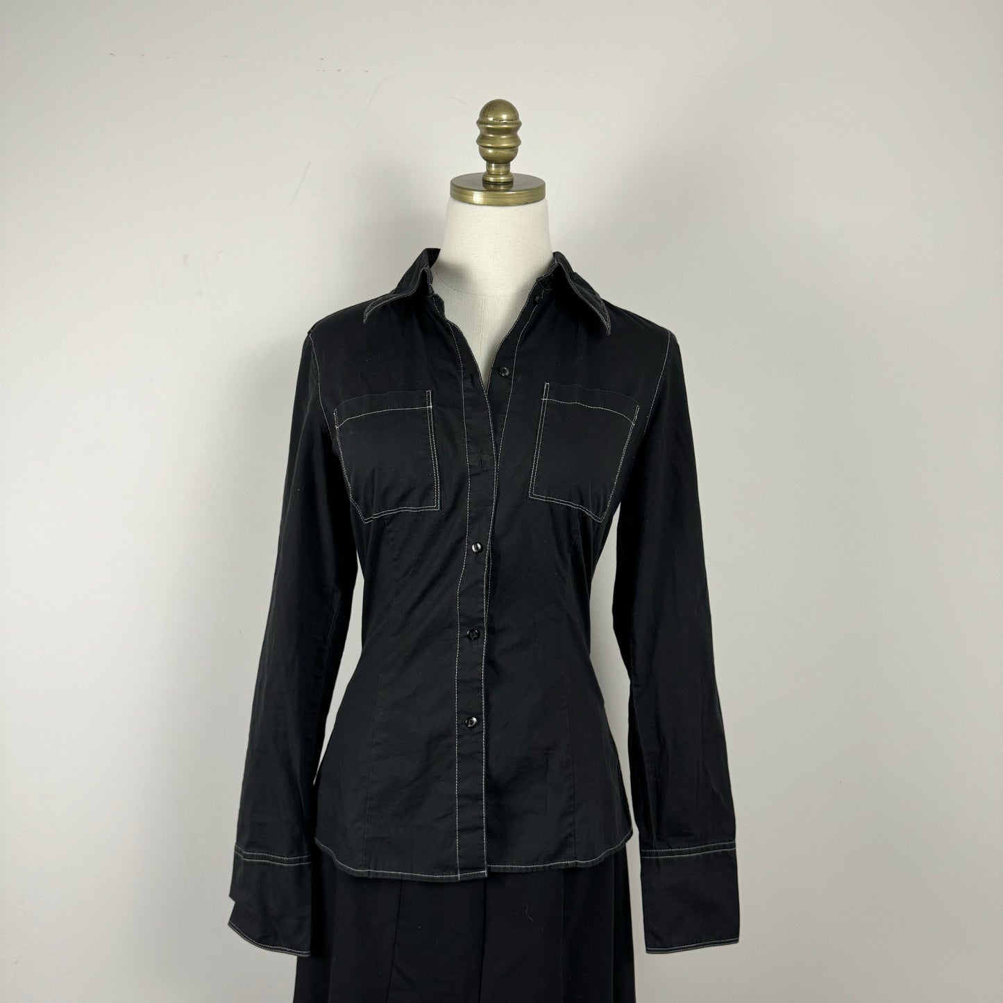 Black Contrast Stitch Fitted Button Up Shirt