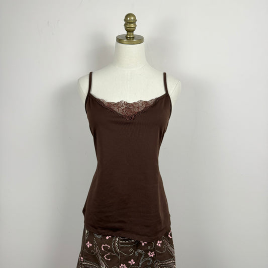 Y2K Brown Lace Trim Tank Top