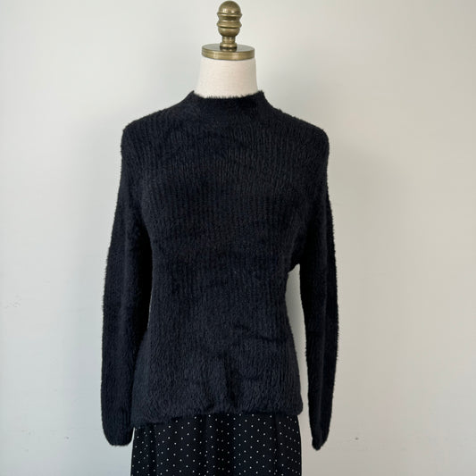 Black Fuzzy Knit Mock Neck Sweater